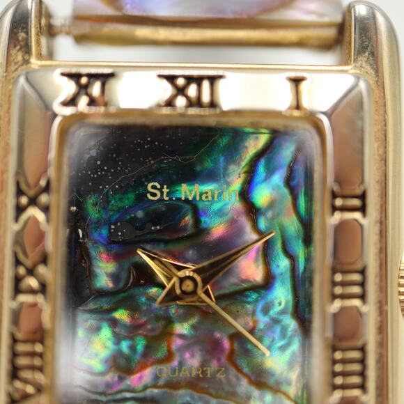 Vintage St Marin Abalone Gold Tone Tank 22mm Watch Stretch Band w New Battery - Picture 8 of 14